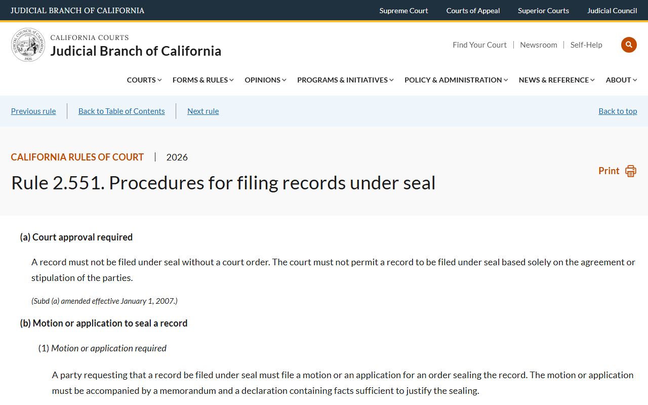 Marin County court dockets California Rule of Court 2.551 sealed records page