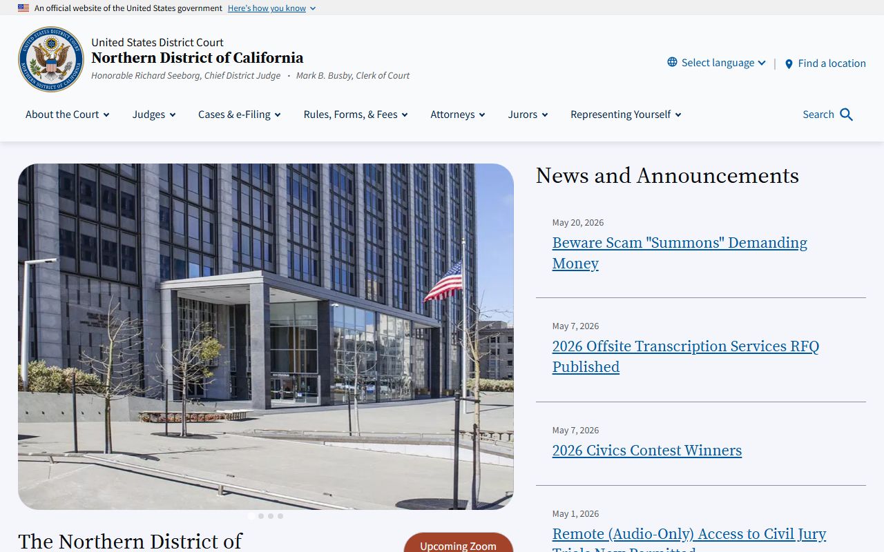 Marin County court dockets U.S. District Court Northern District of California page