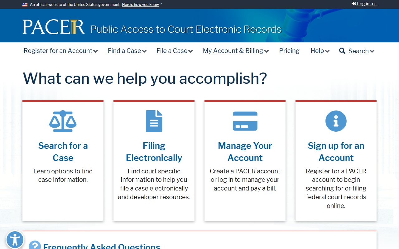 Marin County court dockets PACER federal records access page