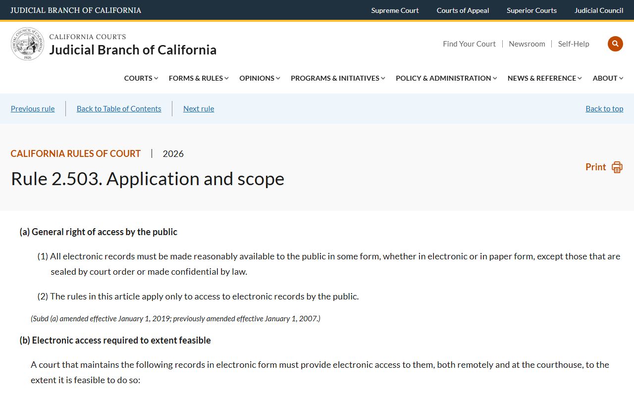 Marin County court records California Rule of Court 2.503 public electronic access page