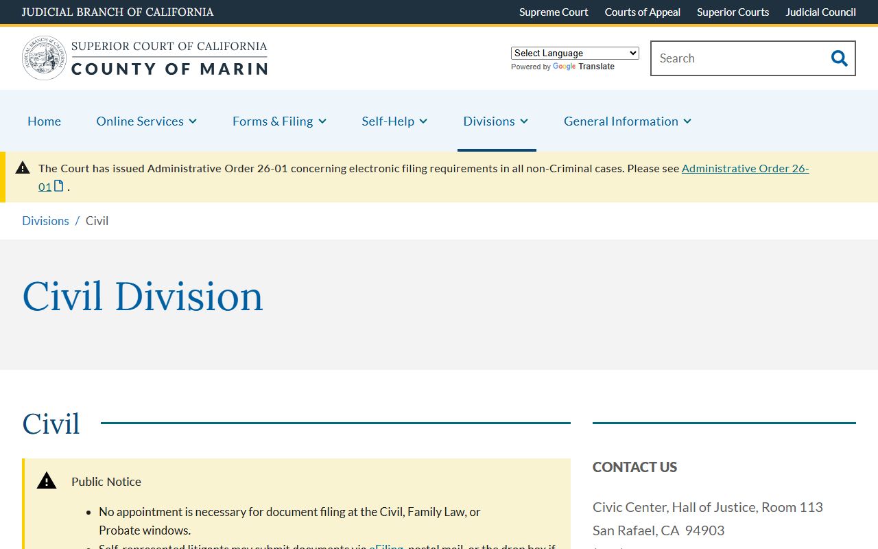 Marin County court records Civil Division filing and research page