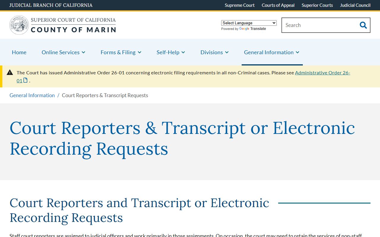 Marin County court records court reporters and transcript request page