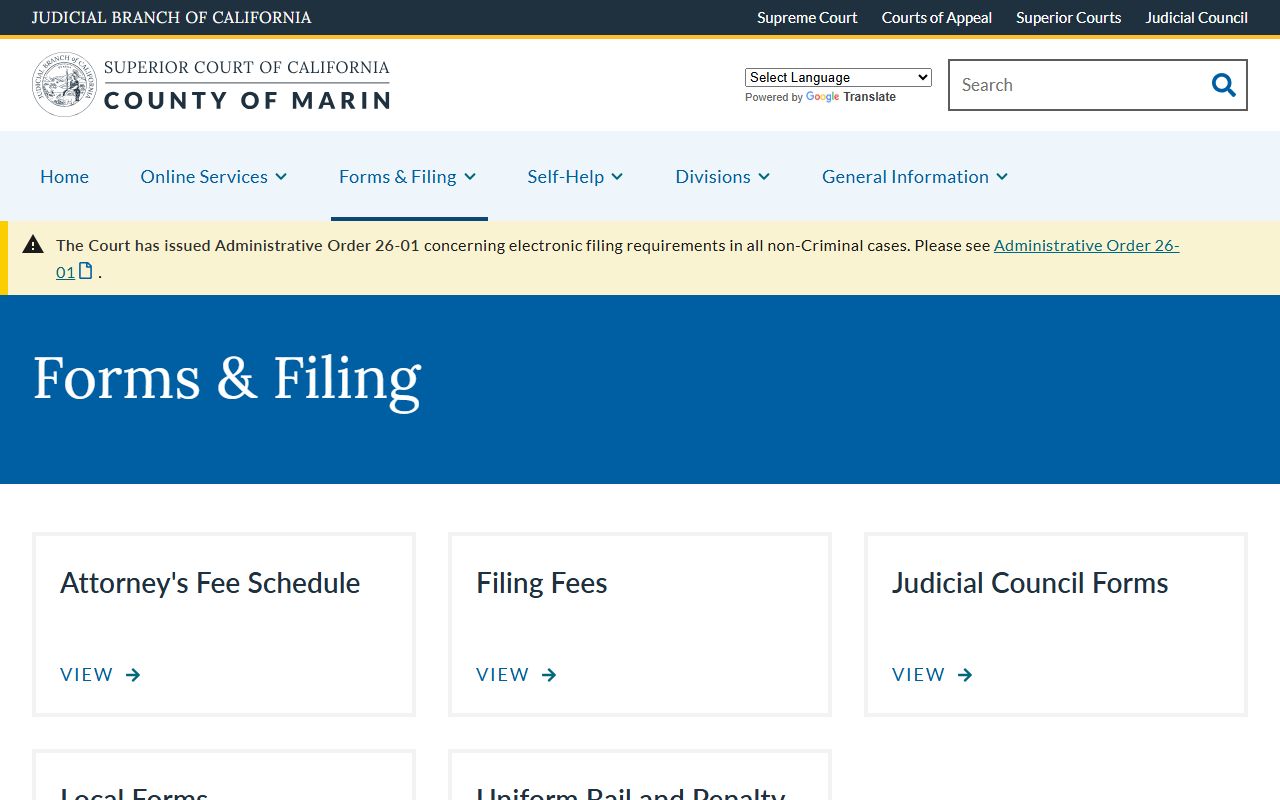 Marin County court records forms and filing page with fee schedule