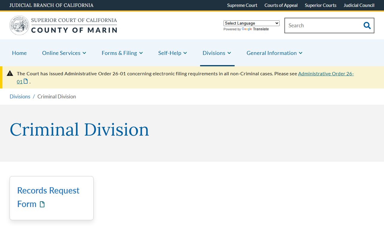 Marin County arrest records and criminal division case information page