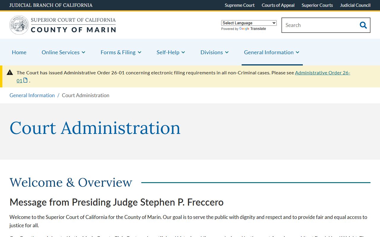 Marin County court records administration page describing court divisions