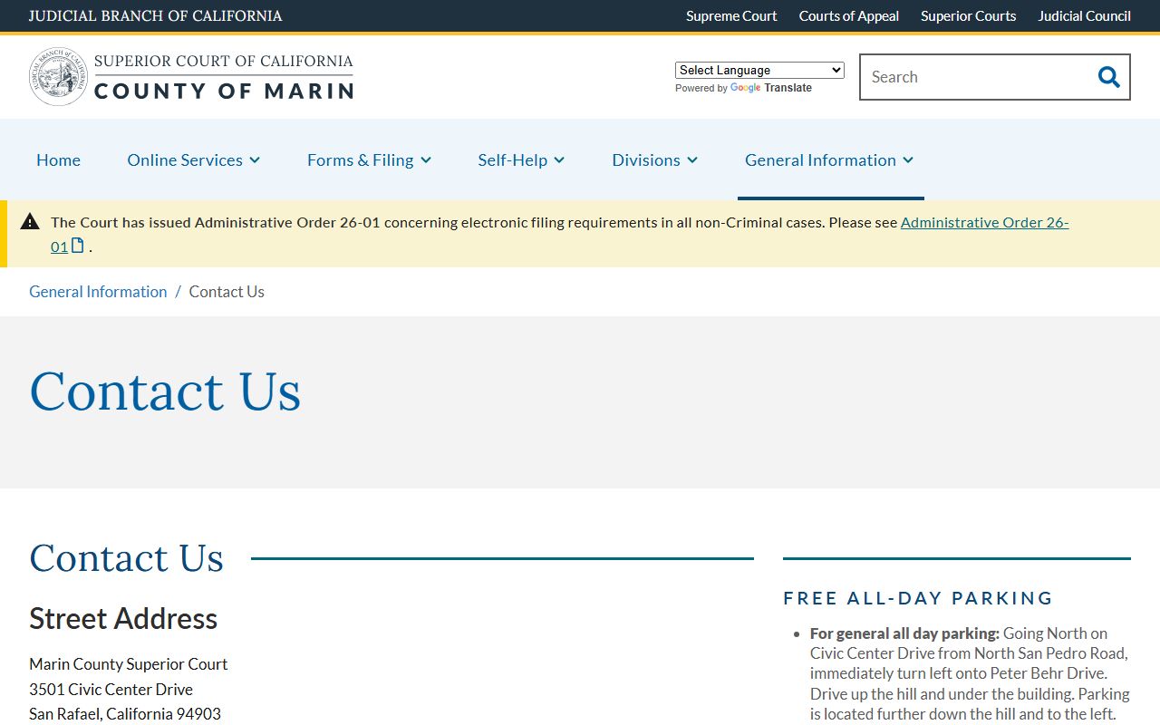 Marin County court records contact and parking information page