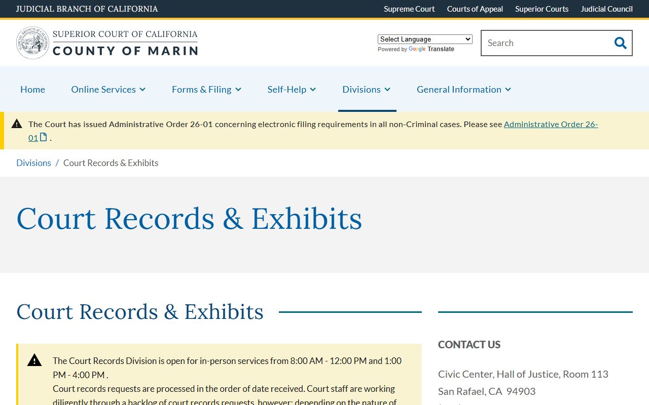 Marin County court records and exhibits division request page