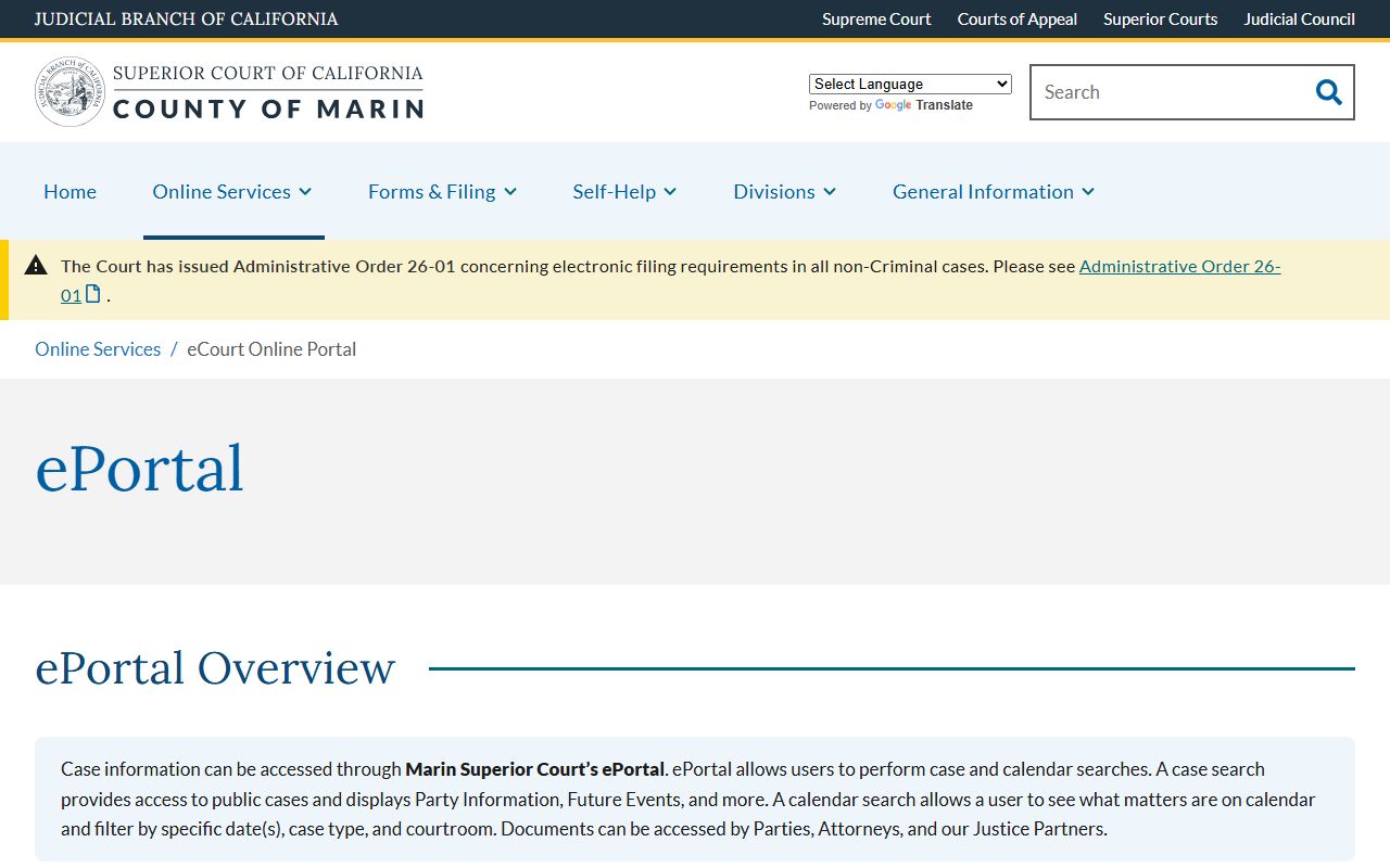 Marin County court records eCourt online portal information page