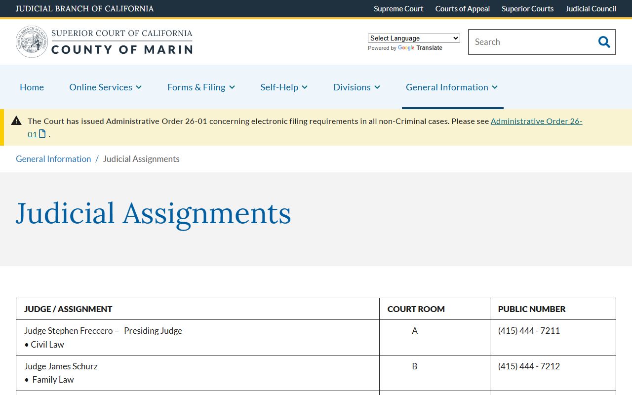 Marin County court records judicial assignments table by judge and courtroom