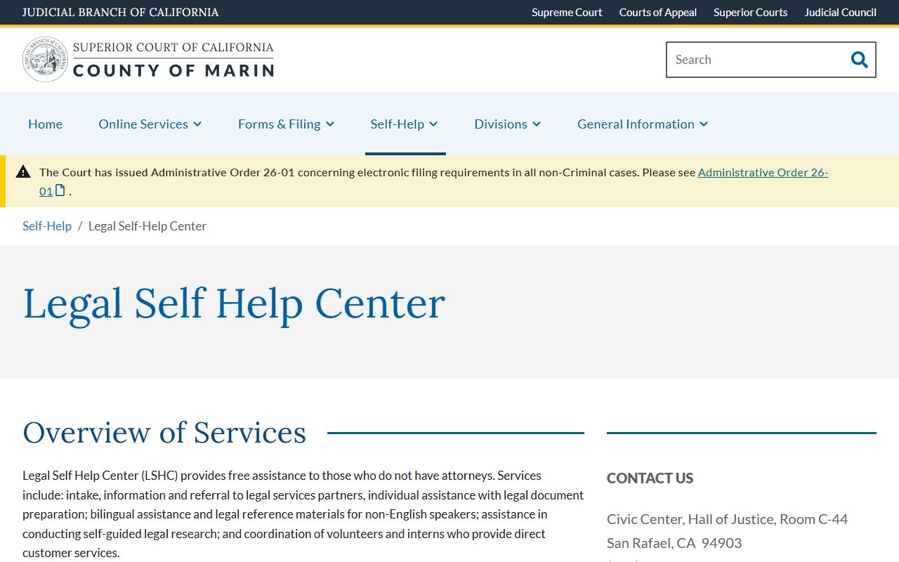 Marin County court records Legal Self-Help Center page
