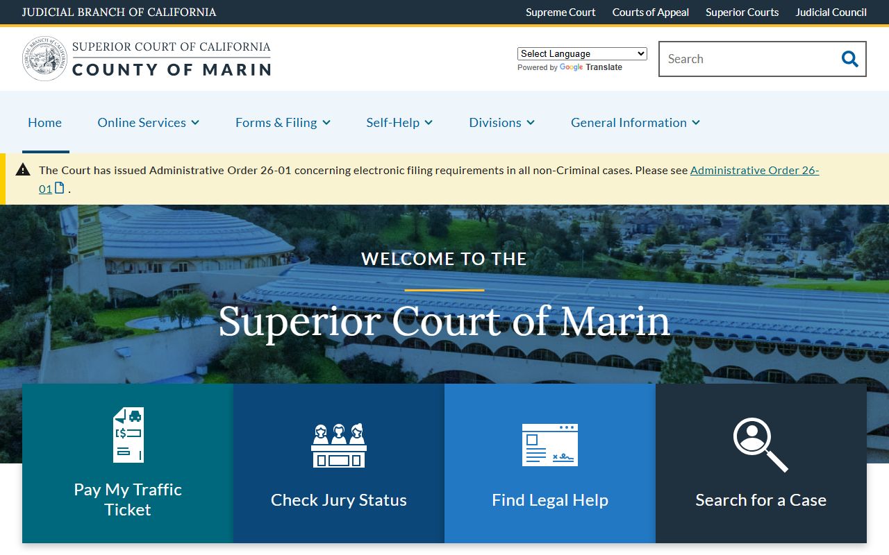 Marin County court records on the Superior Court of California County of Marin homepage