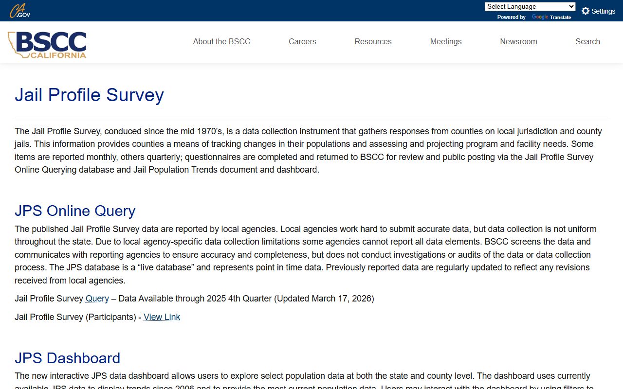 Marin County inmate population BSCC Jail Profile Survey page