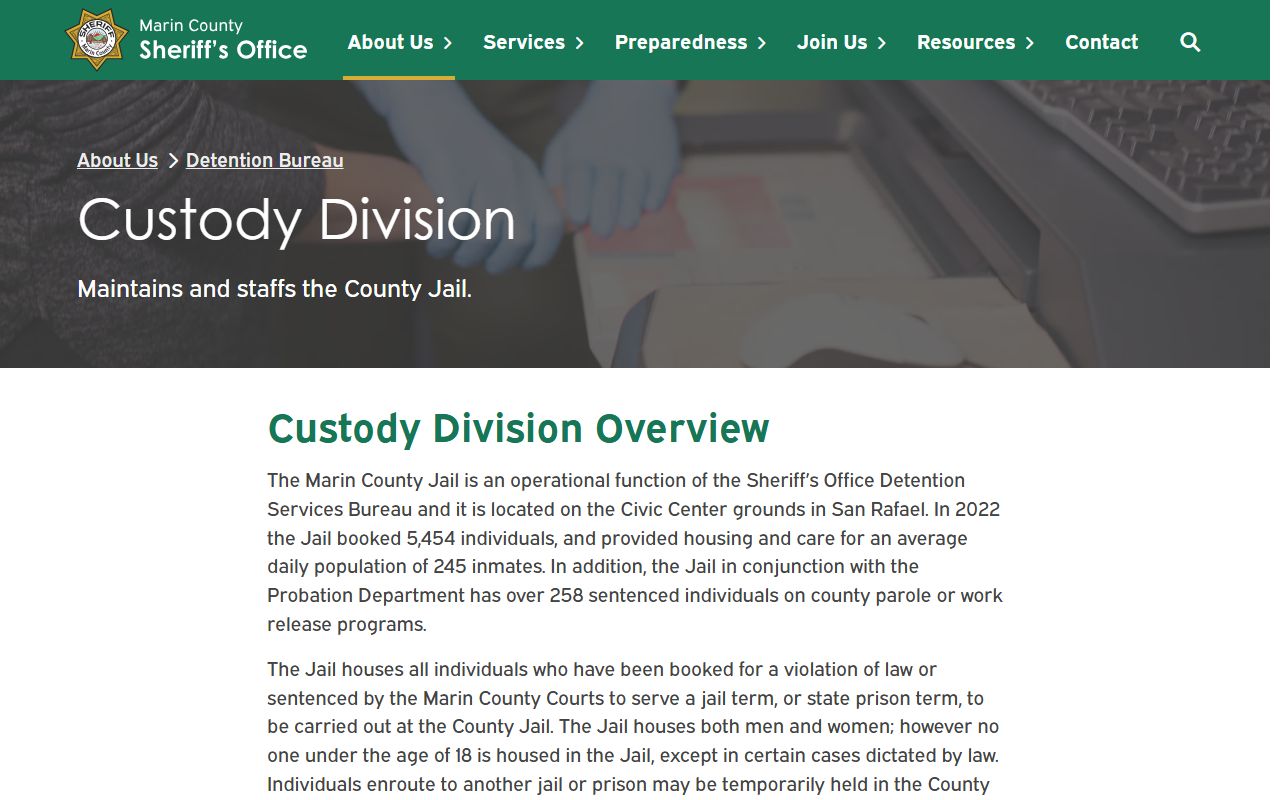 Marin County inmate search Sheriff Custody Division jail page