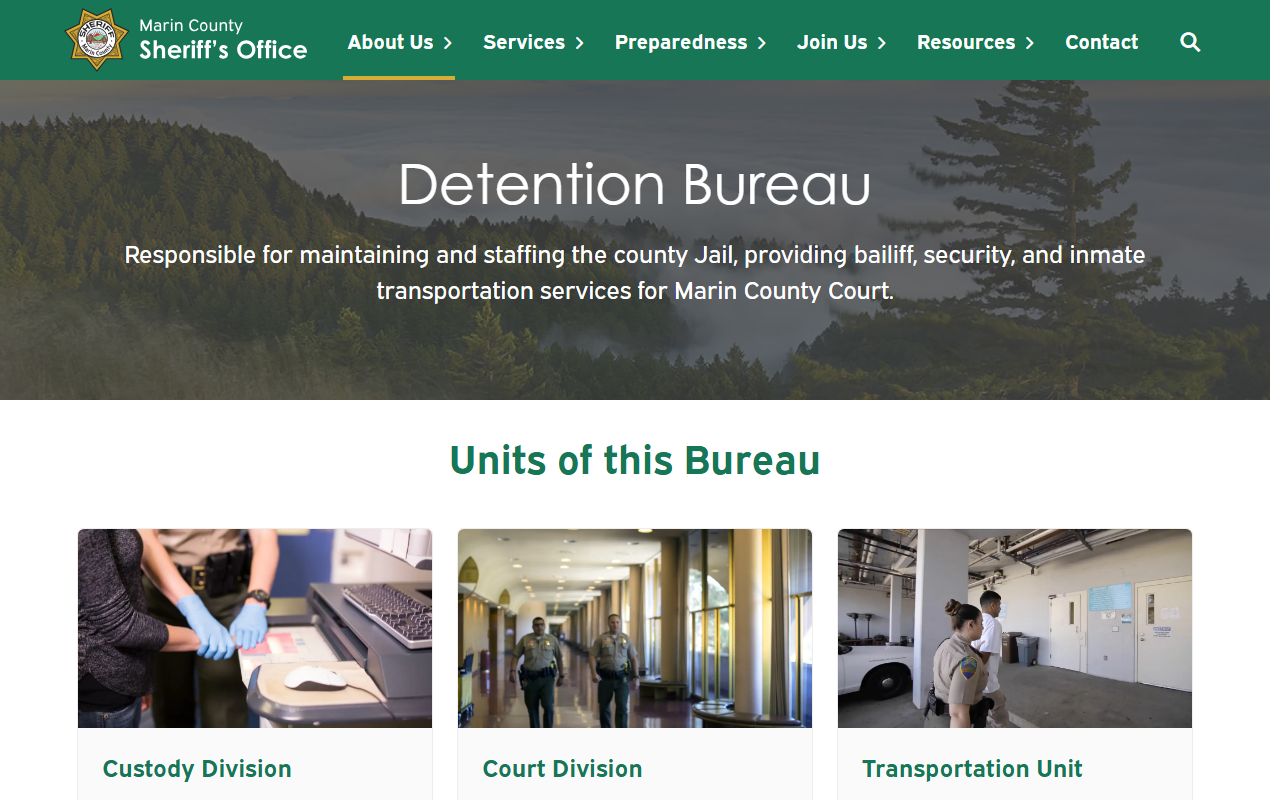 Marin County inmate search Sheriff Detention Bureau page with booking log