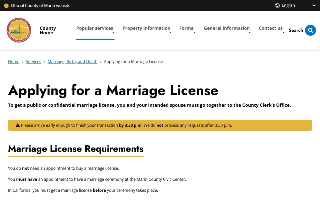 Marin County marriage records license requirements page