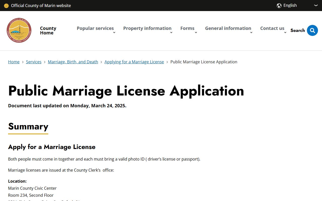 Marin County marriage records public marriage license application page