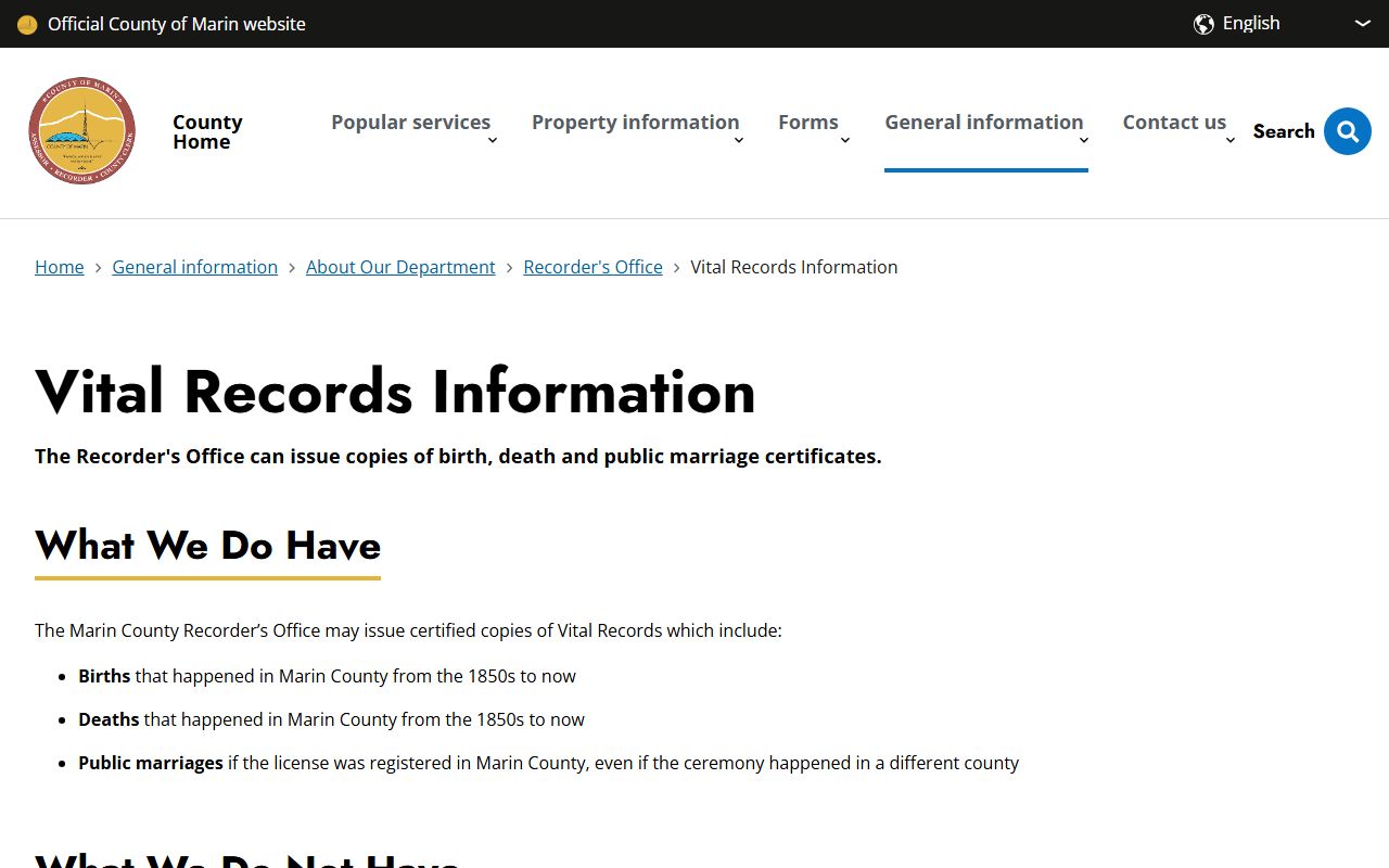 Marin County divorce records vital records information page