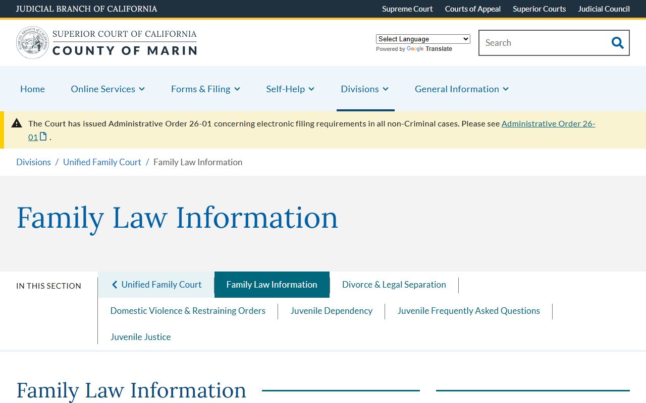 Marin County probate records family law information page