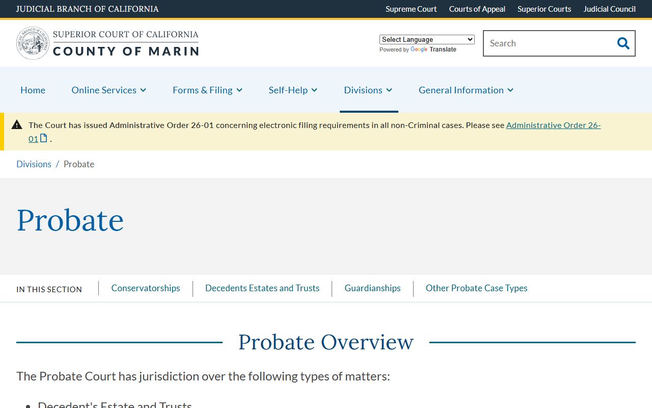 Marin County probate records Probate Division page