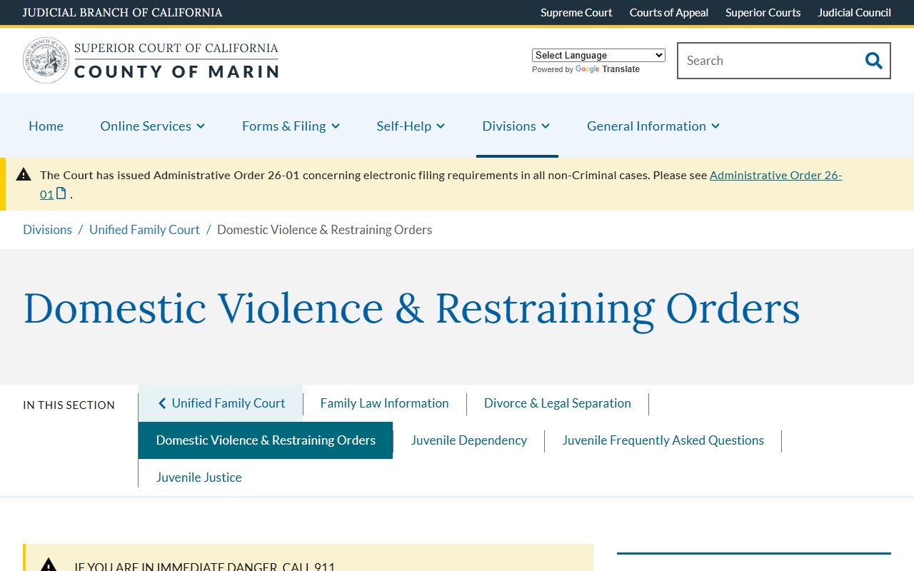 Marin County probate records domestic violence restraining orders page