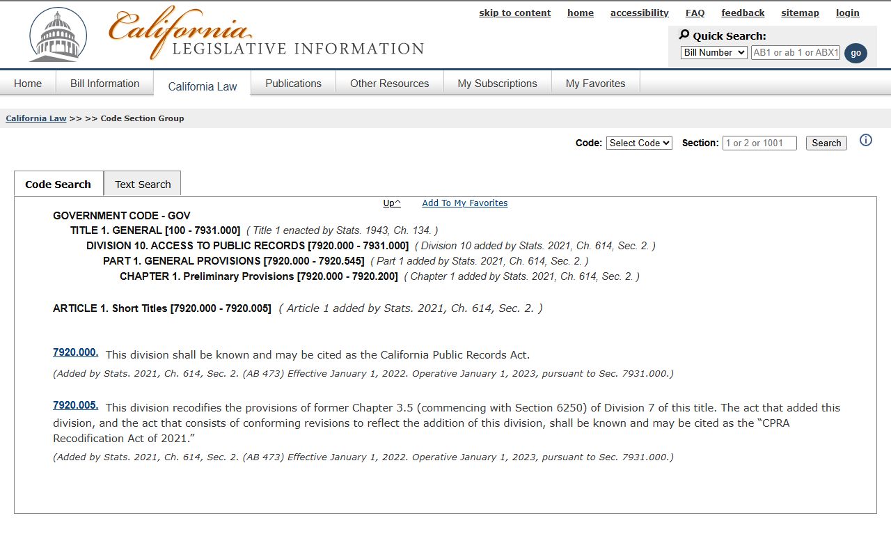 Marin County public records California Public Records Act statute page
