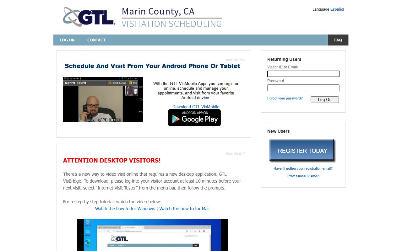 Marin County released inmates GTL visitation scheduler page