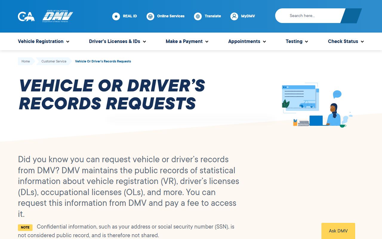 Marin County traffic court records DMV vehicle or driver records request page