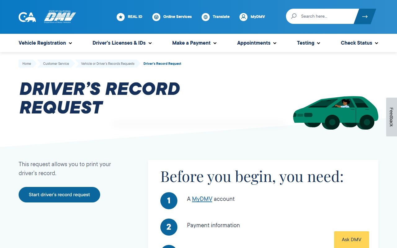 Marin County traffic court records DMV driver record request page