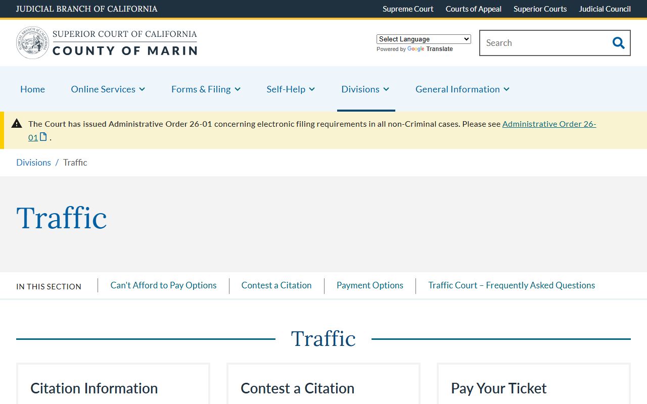 Marin County traffic court records Traffic Division page