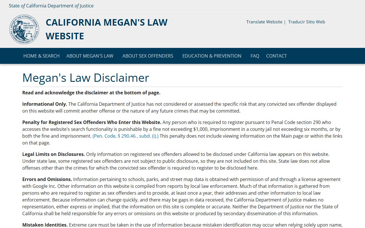 Marin County warrant search California Megan's Law sex offender registry page