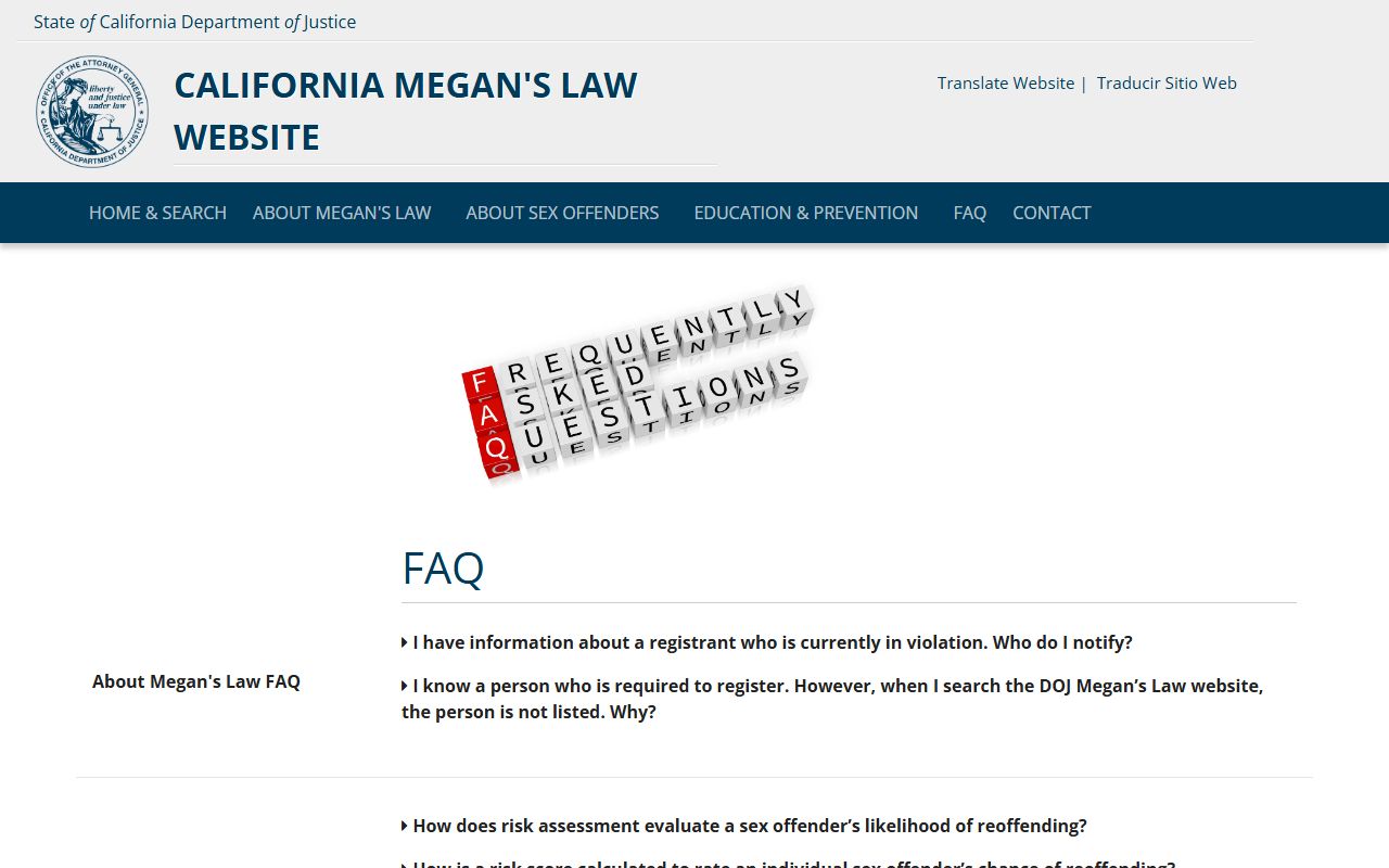 Marin County warrant search California Megan's Law FAQ page