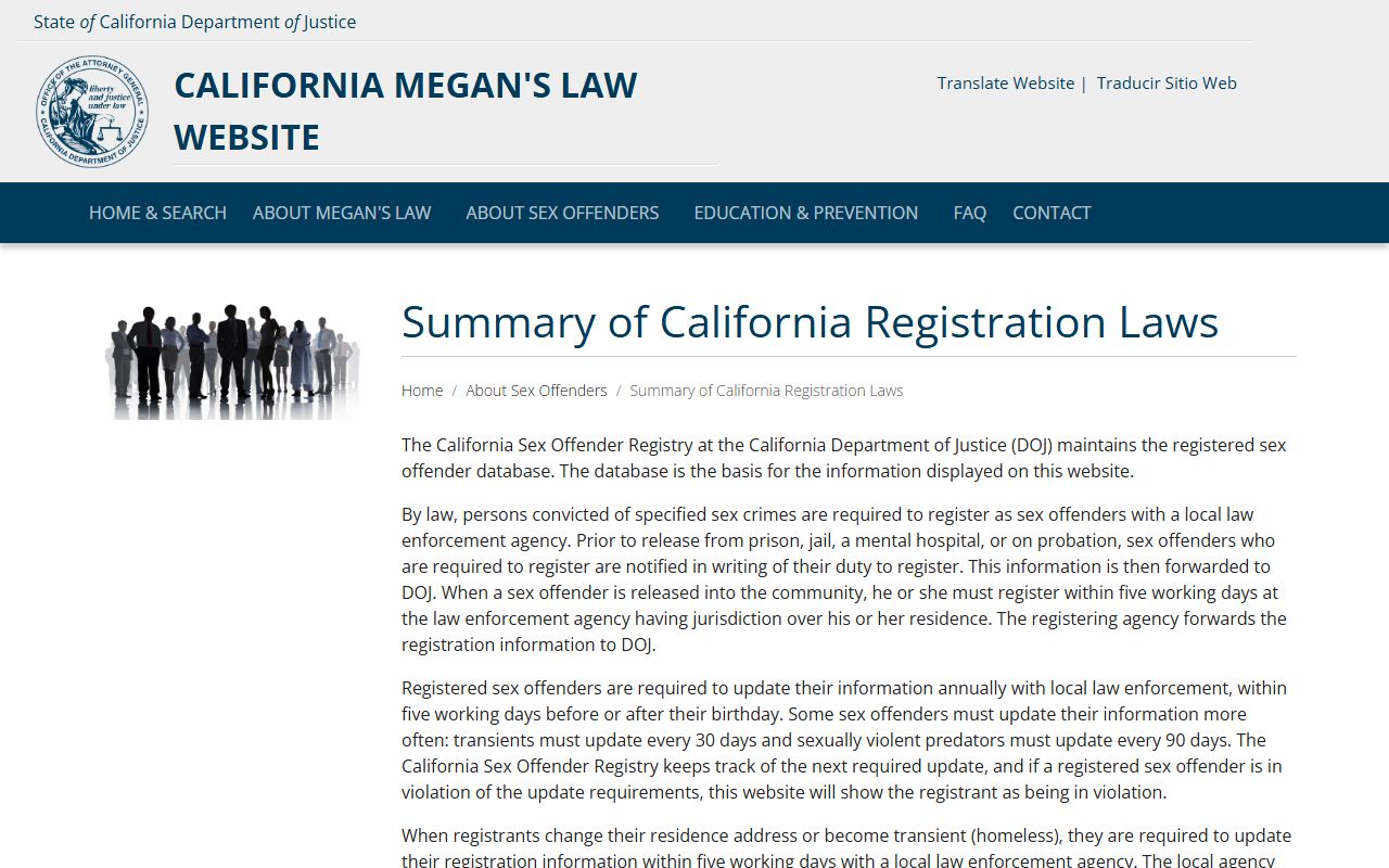 Marin County warrant search California Megan's Law summary of laws page