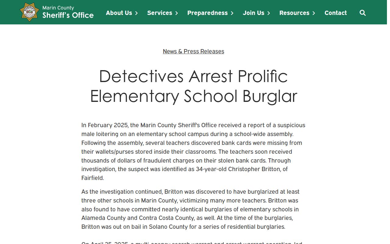 Marin County warrant search Sheriff warrant arrest news release