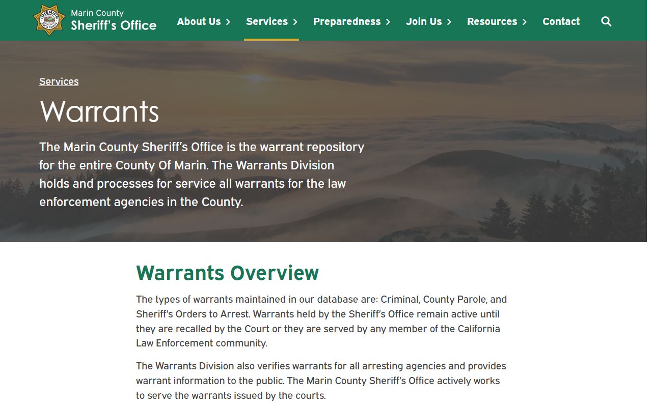 Marin County warrant search Sheriff warrants page